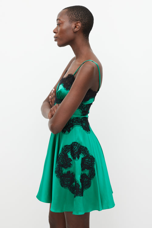 Dolce & Gabbana Green & Black Silk & Lace Mini Dress