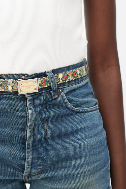 Dolce & Gabbana Green & Multicolour Floral Leather Belt