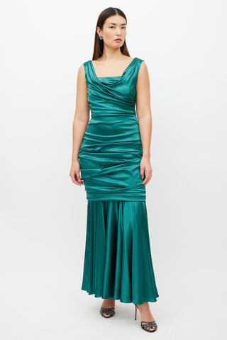 Dolce & Gabbana Green Ruffled Gathered Silk Dress