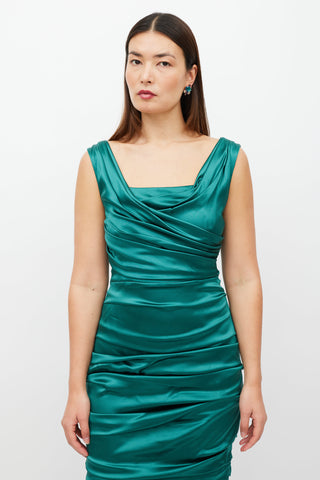 Dolce & Gabbana Green Ruffled Gathered Silk Dress