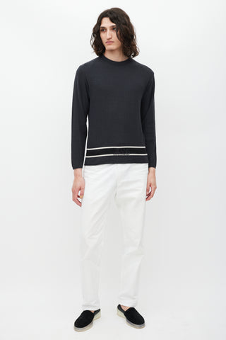 Dolce & Gabbana Grey & White Wool Striped Knit Logo Sweater