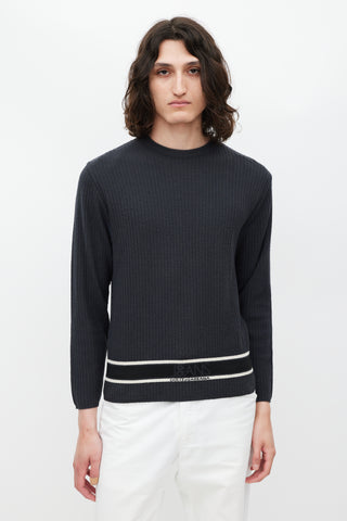 Dolce & Gabbana Grey & White Wool Striped Knit Logo Sweater