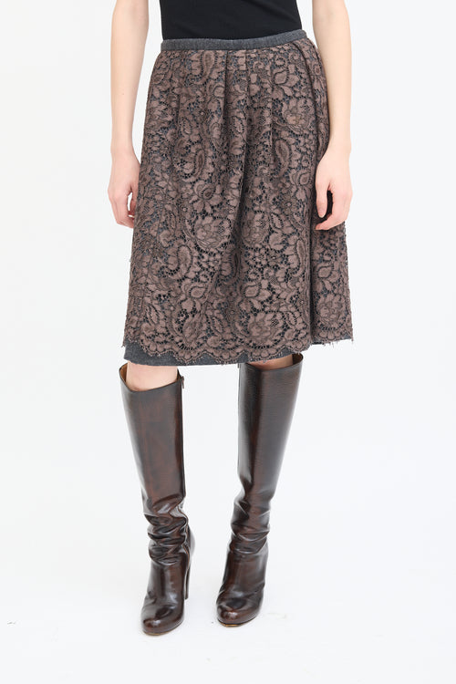 Dolce & Gabbana Grey Wool & Brown Lace Overlay Skirt