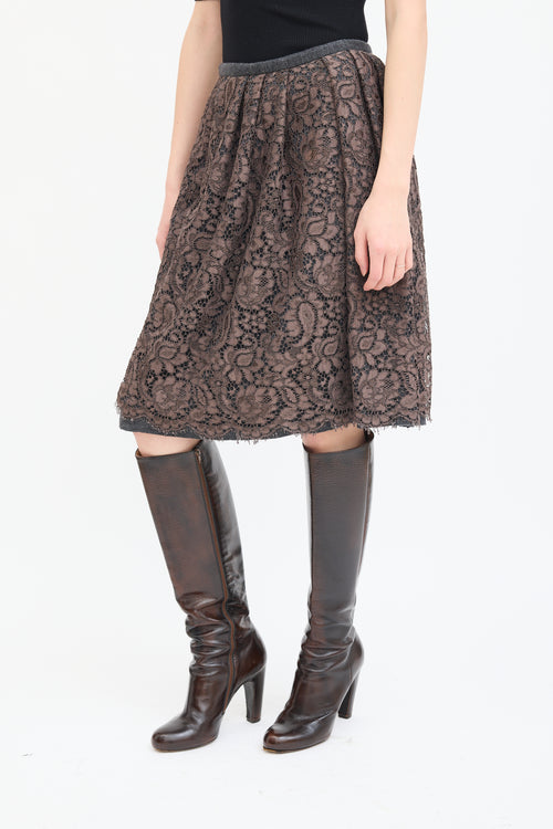 Dolce & Gabbana Grey Wool & Brown Lace Overlay Skirt