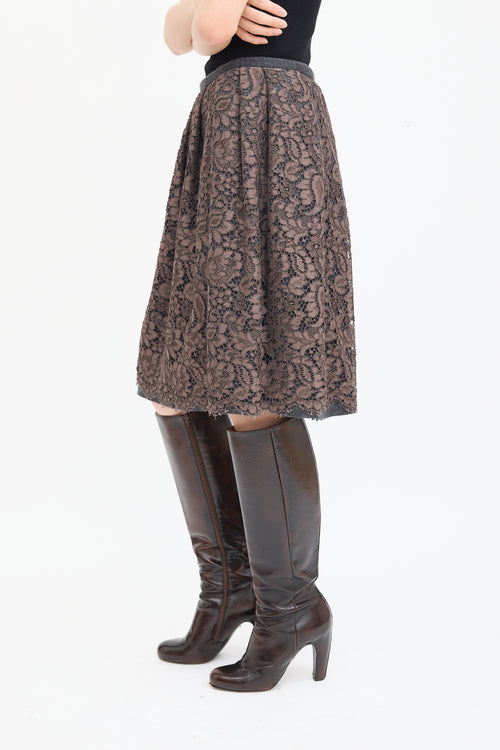 Dolce & Gabbana Grey Wool & Brown Lace Overlay Skirt