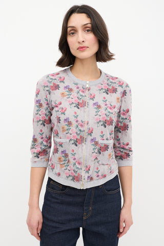 Dolce & Gabbana Heather Grey & Multi Floral Zip Sweater