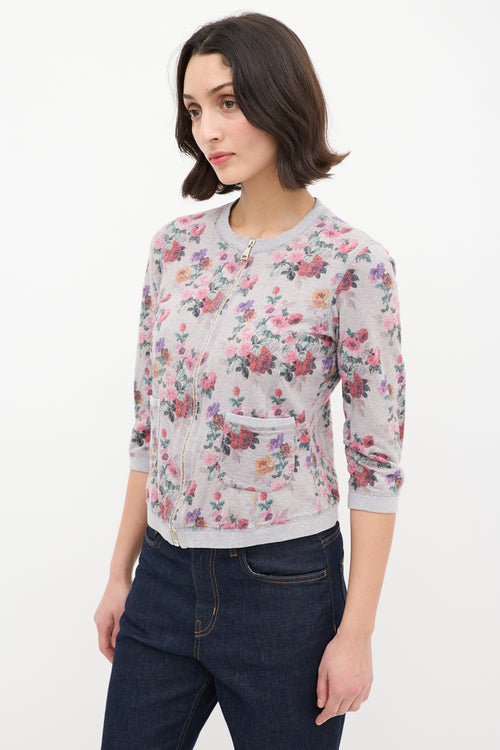 Dolce & Gabbana Heather Grey & Multi Floral Zip Sweater