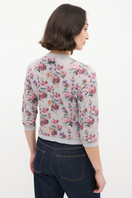 Dolce & Gabbana Heather Grey & Multi Floral Zip Sweater