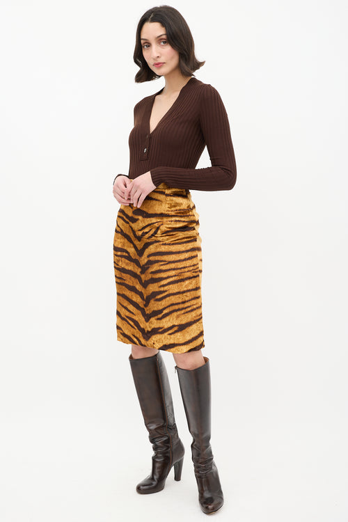 Dolce & Gabbana Orange & Brown Silk Velvet Striped Skirt