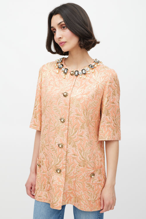 Dolce & Gabbana Pink & Gold Shiny Floral Brocade Embellished Jacket