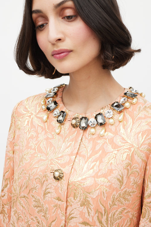 Dolce & Gabbana Pink & Gold Shiny Floral Brocade Embellished Jacket