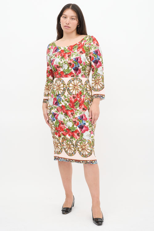 Dolce & Gabbana Pink & Multicolour Floral Three Quarter Sleeve Dress