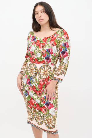 Dolce & Gabbana Pink & Multicolour Floral Three Quarter Sleeve Dress