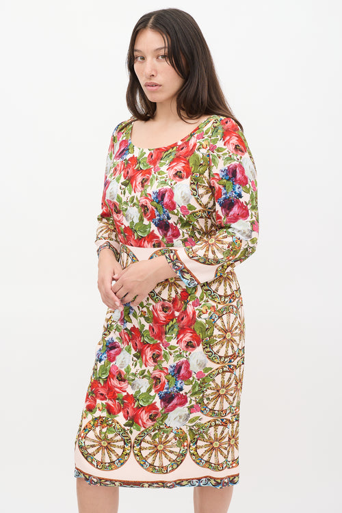 Dolce & Gabbana Pink & Multicolour Floral Three Quarter Sleeve Dress