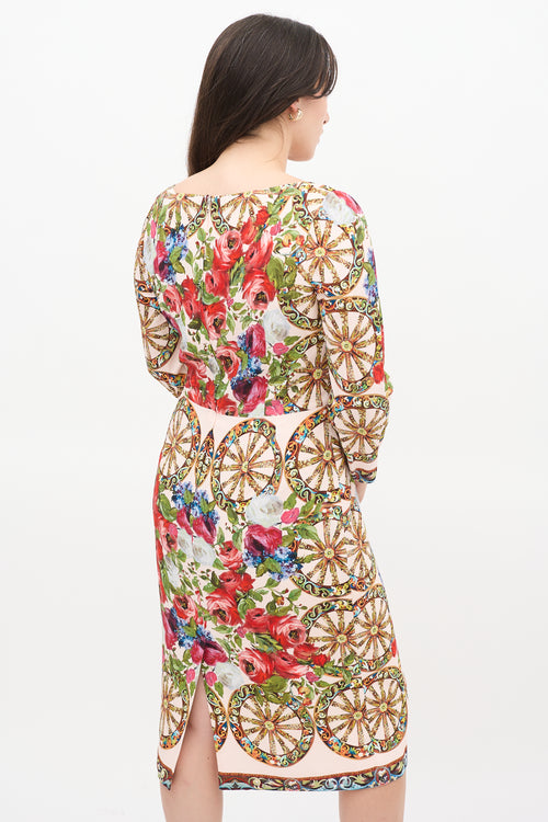 Dolce & Gabbana Pink & Multicolour Floral Three Quarter Sleeve Dress