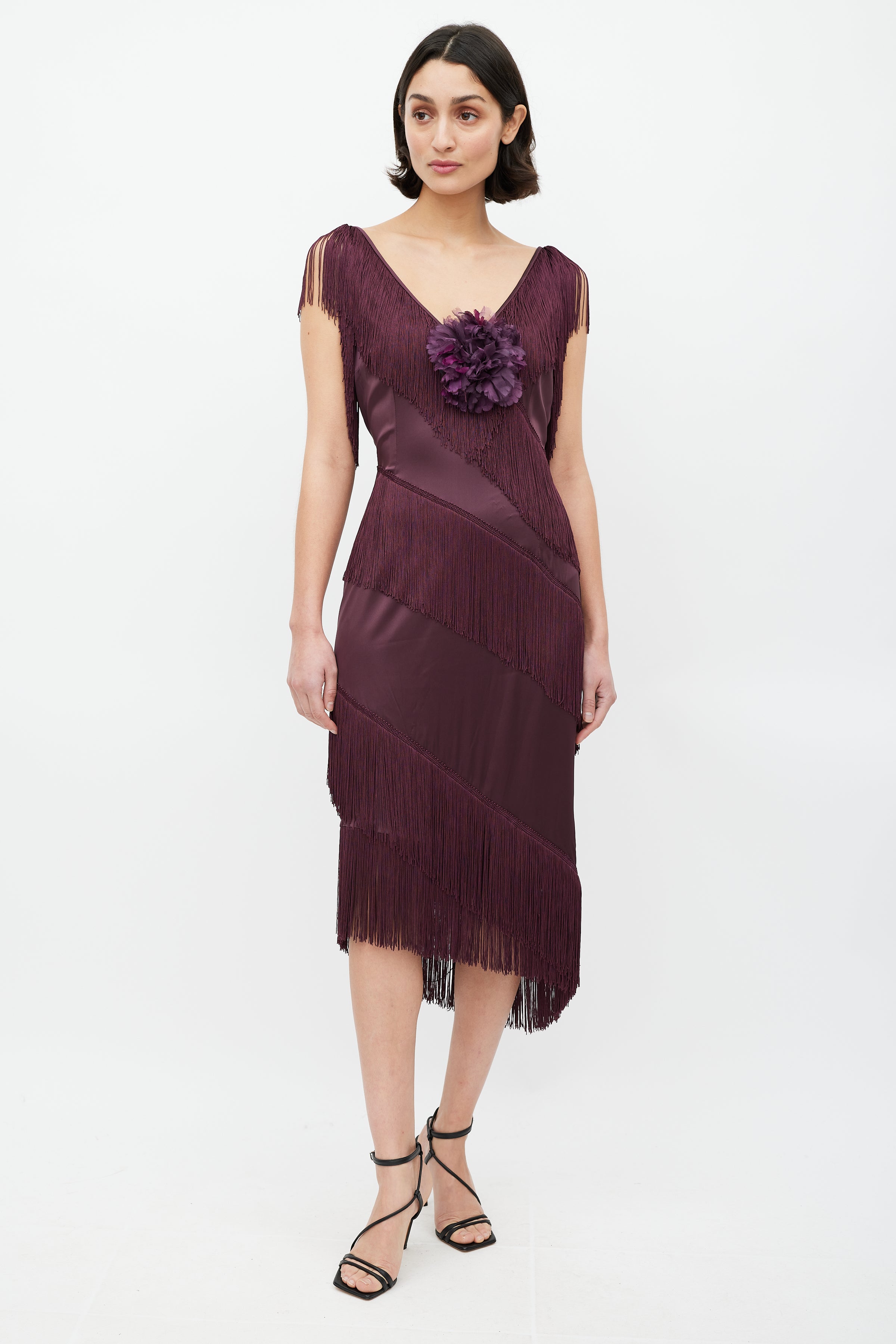 Dolce & Gabbana // Purple Tiered Fringe & Peony Dress VSP Consignment Dolce & Gabbana // Purple Tiered Fringe & Peony Dress VSP Consignment