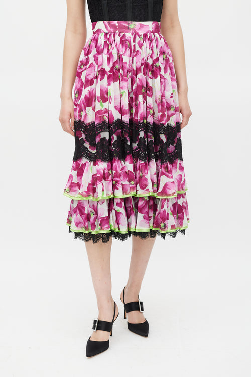 Dolce & Gabbana Purple & Multi Floral Lace Trimmed Tier Skirt