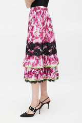 Dolce & Gabbana Purple & Multi Floral Lace Trimmed Tier Skirt
