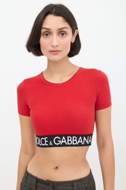 Dolce & Gabbana Red & Black Logo Elastic Cropped T-Shirt