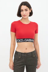 Dolce & Gabbana Red & Black Logo Elastic Cropped T-Shirt