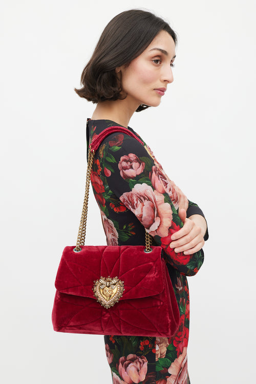Dolce & Gabbana Red & Gold Velvet Large Devotion Bag
