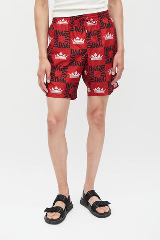 Dolce & Gabbana Red & Multicolour Logo Swim Short