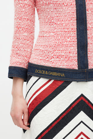 Dolce & Gabbana Red & Multicolour Tweed & Denim Trimmed Jacket