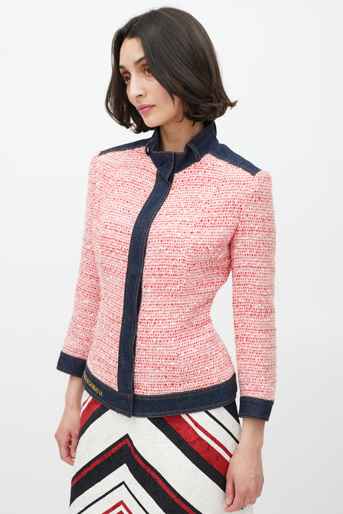 Dolce & Gabbana Red & Multicolour Tweed & Denim Trimmed Jacket