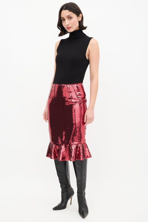 Dolce & Gabbana Red Sequin Midi Flounce Skirt