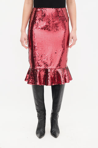 Dolce & Gabbana Red Sequin Midi Flounce Skirt