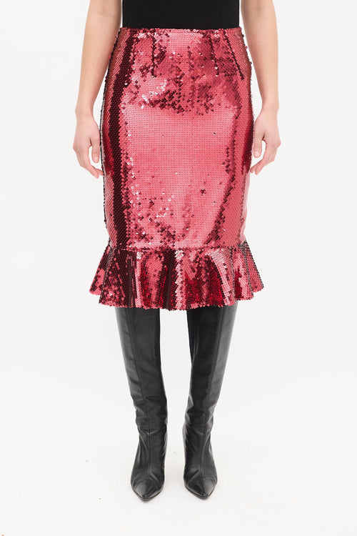 Dolce & Gabbana Red Sequin Midi Flounce Skirt