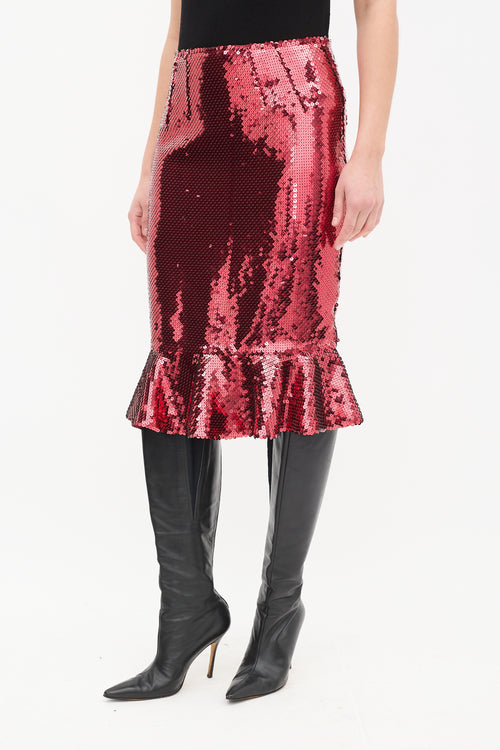 Dolce & Gabbana Red Sequin Midi Flounce Skirt