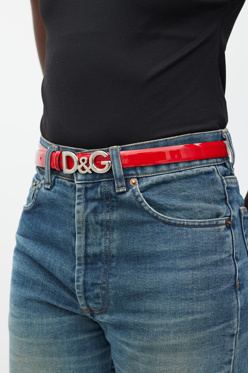 Dolce & Gabbana Red & Silver Logo Buckle Patent Belt