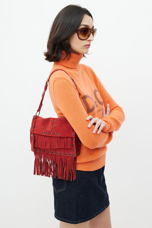 Dolce & Gabbana Red Suede Fringe Shoulder Bag