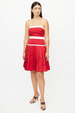 Dolce & Gabbana Red & White Pleated Strapless Dress