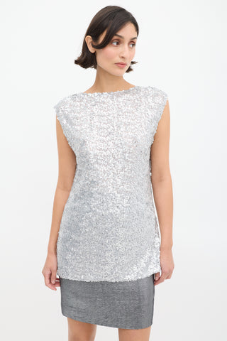 Dolce & Gabbana Silver Sequin Logo Plunge Back Top