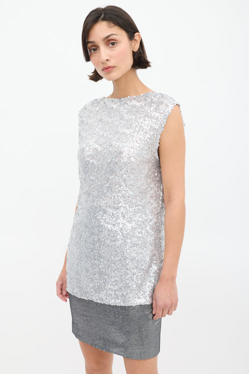 Dolce & Gabbana Silver Sequin Logo Plunge Back Top