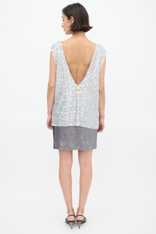 Dolce & Gabbana Silver Sequin Logo Plunge Back Top