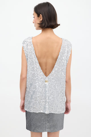 Dolce & Gabbana Silver Sequin Logo Plunge Back Top