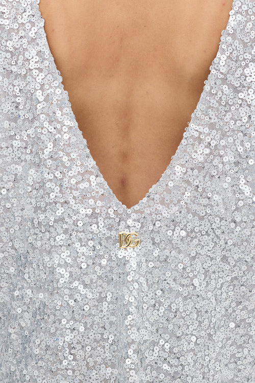 Dolce & Gabbana Silver Sequin Logo Plunge Back Top