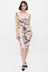 Dolce & Gabbana White & Multicolour Floral Ruched Dress