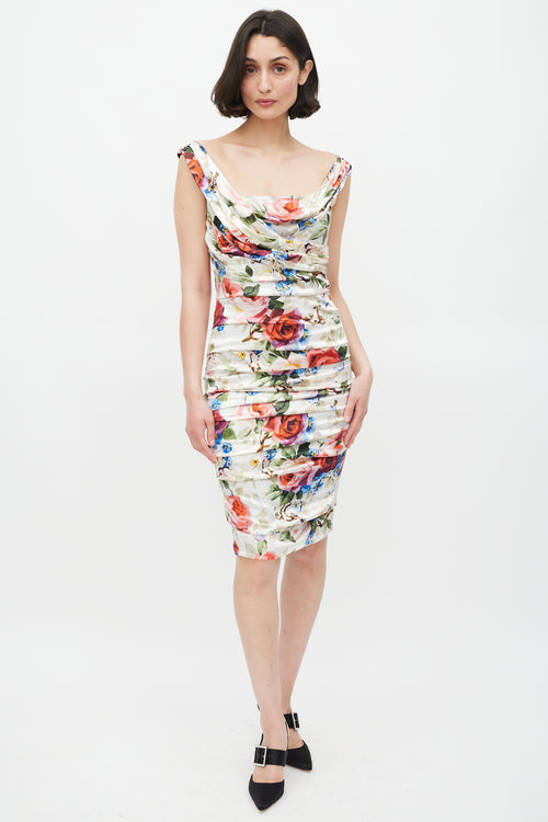 Dolce & Gabbana White & Multicolour Floral Ruched Dress