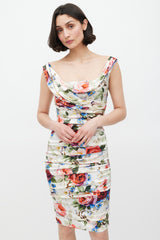 Dolce & Gabbana White & Multicolour Floral Ruched Dress