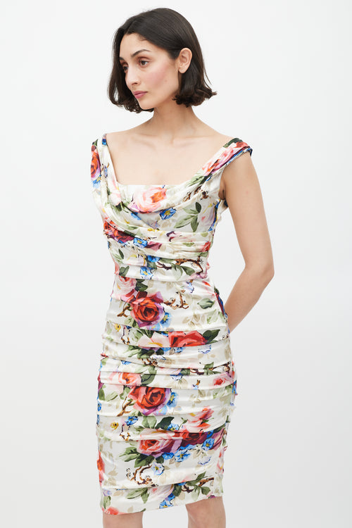 Dolce & Gabbana White & Multicolour Floral Ruched Dress