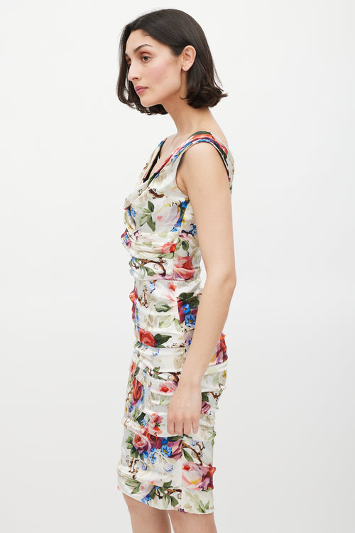 Dolce & Gabbana White & Multicolour Floral Ruched Dress
