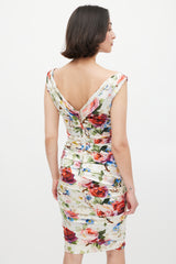 Dolce & Gabbana White & Multicolour Floral Ruched Dress