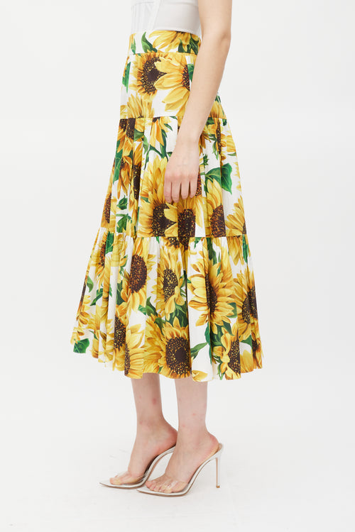 Dolce & Gabbana Yellow & Multicolour Cotton Floral Tiered Skirt