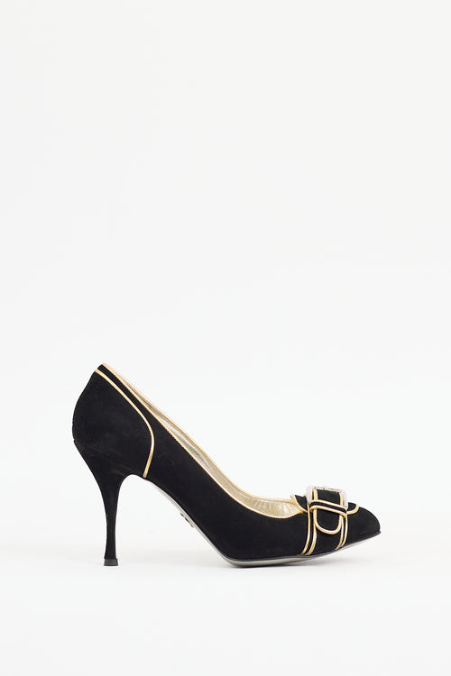 Dolce & Gabbana Black & Gold Suede Buckle Heel