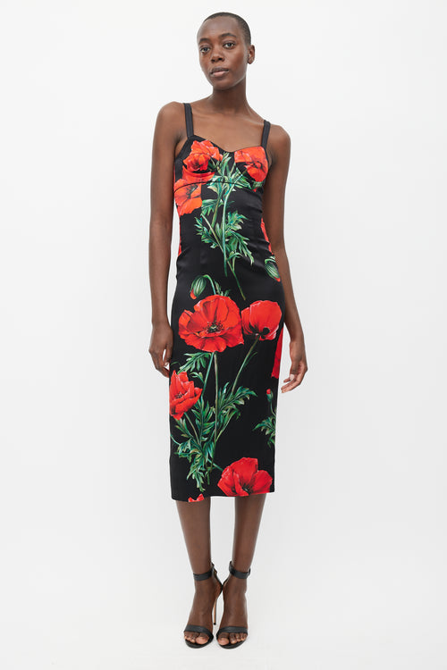 Dolce & Gabbana Black & Red Silk Floral Dress