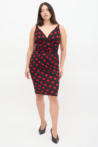 Dolce & Gabbana Black & Red Polka Dot Ruched Midi Dress